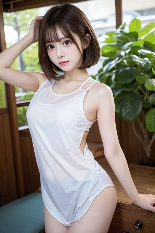((Best of the highest quality, 8k, Masterpiece, raw photo: 1.2)), (Sharp focus: 1.2), (1 AESPA, slim body type female, 21 y/o: 1.1), (Solo: 1.1), (realistic, photo-realistic:1.37), face focus, cute face, finely eyes, (droopy eyes: 1.32), (Emphasize prominent aegyo-sal with bright: 1.2), shimmering eyeshadow applied under the lower lash line, paired with thick, (small breasts, flat chest, Thigh: 1.3), (short hair, updo: 1.28), (neat silk camisole, panties: 1.32), walking terrace dining, flower, (from below: 1.12)