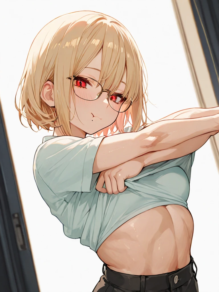 1 girl, bangs, Nude Body, 14-year-old girl, short transparent top, Blonde hairstyles, cleavage, mouth, very small breasts, small nipple, viewer facing ass, back on screen, smiling, tight, micro transparent shorts 1.9, Ultra HD | |, 4k image, glasses, character near camera, sexual poses