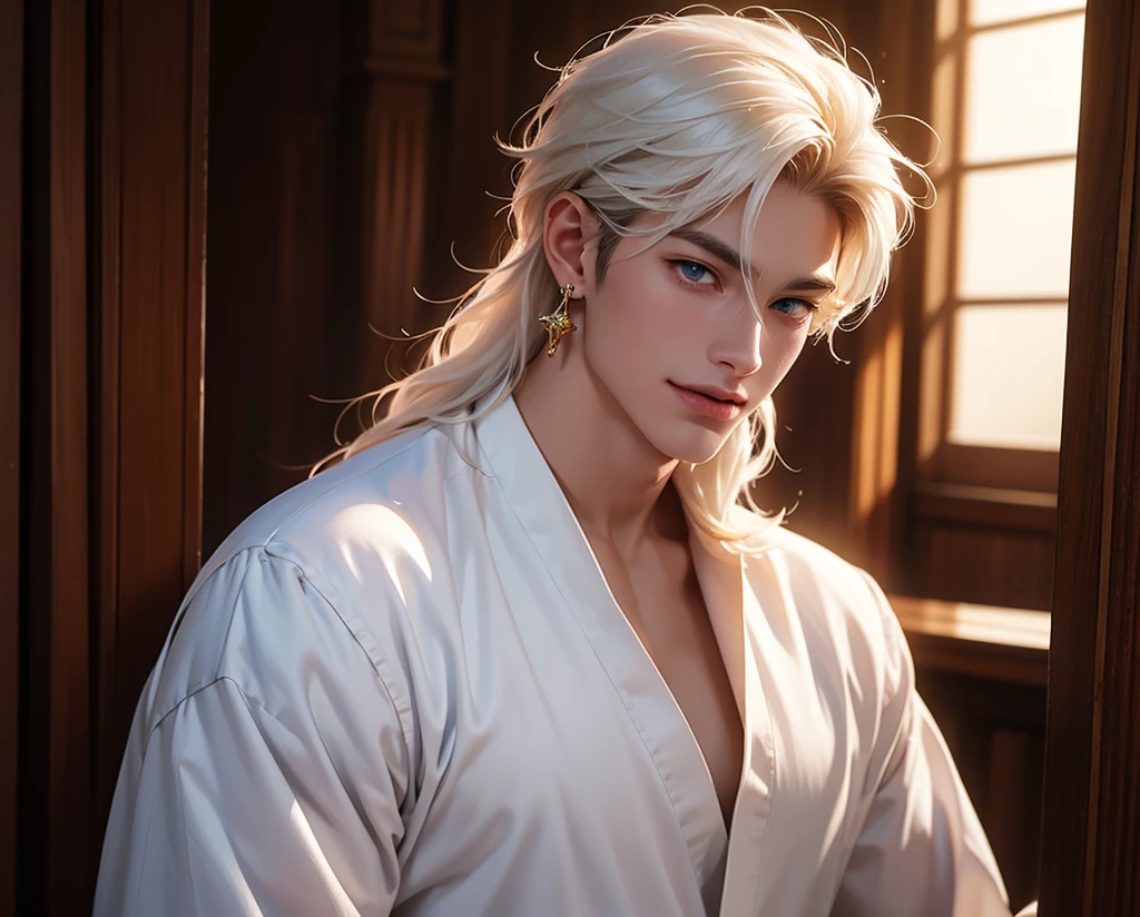 A serene man with fair skin and long, blonde hair tied in a high ponytail stands at the edge of a cliff. His crystalline blue eyes radiate calm. He wears a light blue robe with white details that blend with the sky above. The background features a vast, calm ocean below and a clear sky. The atmosphere is peaceful and expansive, rendered in high-detail fantasy digital art with soft lighting and a cool color palette