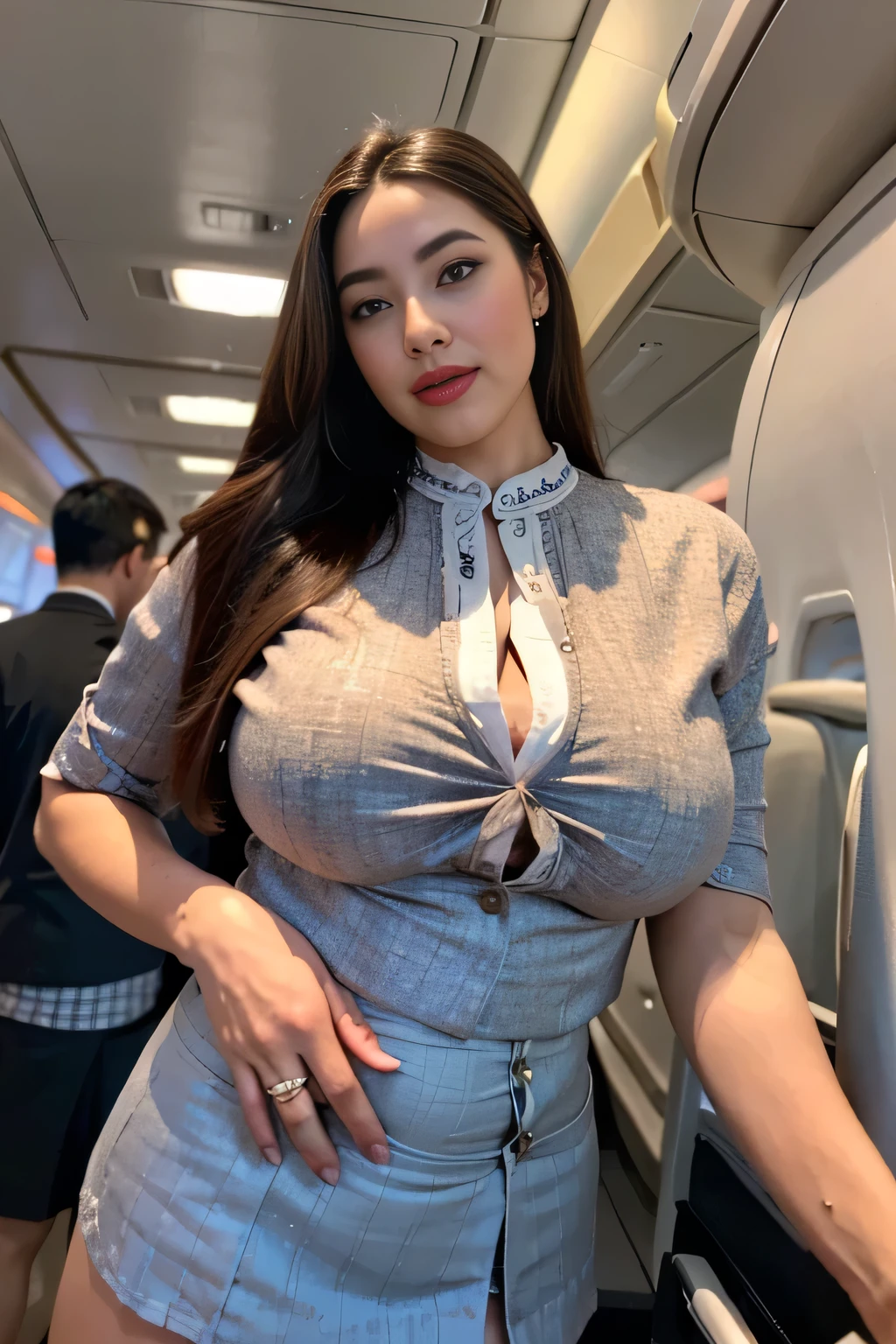 Shailesh Parate as a woman, 23 years old girl, wearing 2 piece dress, Air hostess dress, Air hostess cap, Air hostess uniform, purple colour combination of uniform, trippl D Cup size breast, Plus size model, beautiful face, sexy figure, curvy body, proper eyes , 2 hands, 2 legs, proper fingers, location Airport, proper picture, beautiful face, no any wrong hand or leg or eyes or finger or extra finger or hand