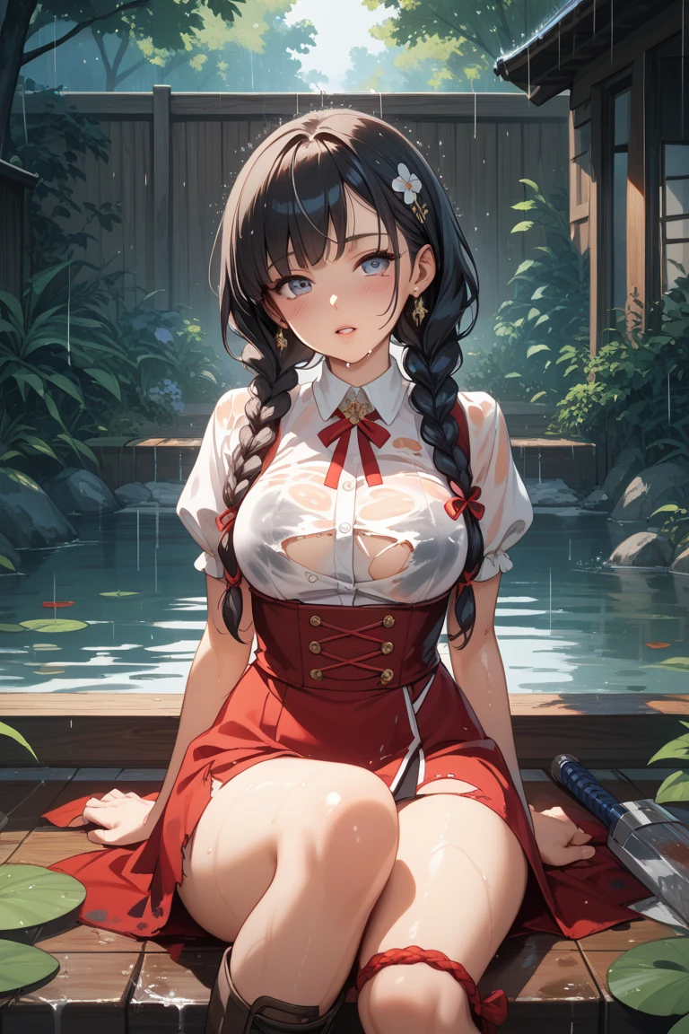 Detailed Background,Traditional Japanese room,(masterpiece, Highest quality),(dark、cyan light、silhouette:0.8)、Monochrome:0.6, Highest quality, Amazing details, Anatomically correct, ((watercolor)), Written boundary depth,Flat Shading,Bokeh,古くてdarkお風呂場、Thighsが太い, take a bath、Shoulder-deep immersion in the tub、Wet your hair and face thoroughly、Water Dropが落ちる、My clothes and hair were soaked..、Wet sailor suit sticks to the skin、 (Black Hair、ponytail),(Thighs),(Big Breasts)、get wet、Perfect Style, (School short-sleeved sailor uniform、Navy Blue Skirt)、Water Drop、Pink Panties、Open clothes,White socks、Browsing Caution、get wet、