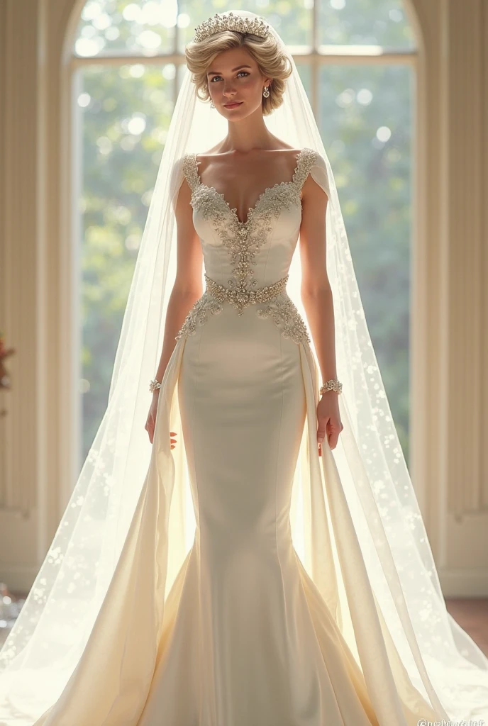 full body, full shot,photorealism, in detail and in detail an extremely beautiful slender sexy bride in a cream wedding dress with intricate lace patterns and a beautiful long veil with intricate patterns stands in partial shade among the columns of a beautiful building. on the face and body, the bride holds the wedding dress with her hands, the pose is beautiful sexy C-shaped stilettos of cream color with intricate patterns, the bride's face is European, perfectly beautiful proportions are neat facial features, the eyes are bright green-blue eyelashes are long and fluffy, the bride's physique is slender and graceful, her legs are graceful and longer than the body in proportion, graceful hands in precious jewelry, on the head of the bride there is a wedding tiara with beautiful diamonds, natural detailed skin, pore skin, skin natural shine, skin color is perfect, cheeks are slightly ruddy, wavy long blond hair to the knees is beautifully flowing in detail and in detail , lighting side daylight soft, hyper detail, sharp focus, photorealism, naturalistic, Jerry Gionis style