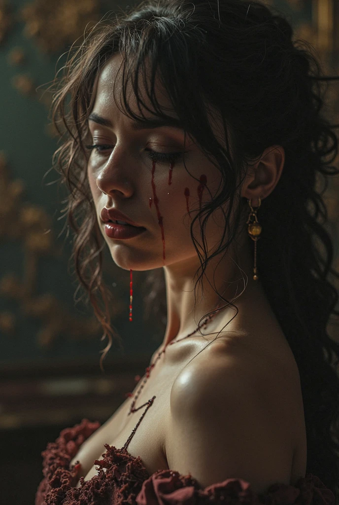 realistic epic, Woman crying with (goat horns 1. 2), sad look, deeply sad facial expression, red and swollen eyes, furrowed eyebrows, red nose, wet cheek, half-open mouth (blood tears 1. 2), (bloodstains on face 1. 4), (dark shot: 1. 4), black hair, beautiful detailed eyes and ears, dramatic lighting, painting style, Gothic art, black eyes, by French painter Alexandre Cabanel, oil painting, (realistic details), (poor peasant clothes 1. 2), veil, neckline, (bare shoulders), gothic lighting, old gothic cathedral background, dim lighting, gloomy