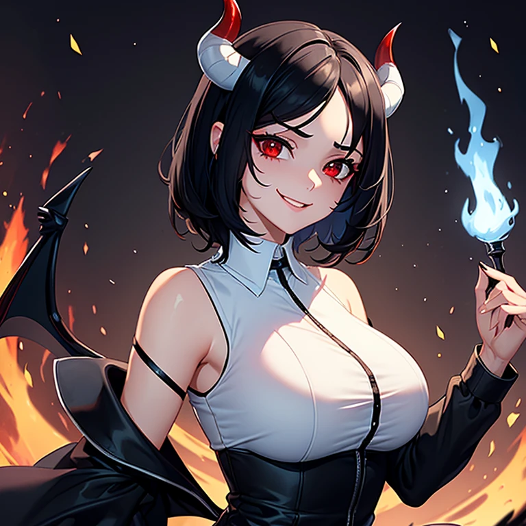 (High quality, High resolution, Fine details), Sheep's Horn, surrounded by flickering flames, dark and eerie atmosphere, invoking fear and fascination, dark and gothic style, solo, curvy women, sparkling eyes, (Detailed eyes:1.2), smile, blush, Sweat, Oily skin, shallow depth of field, dramatic lighting