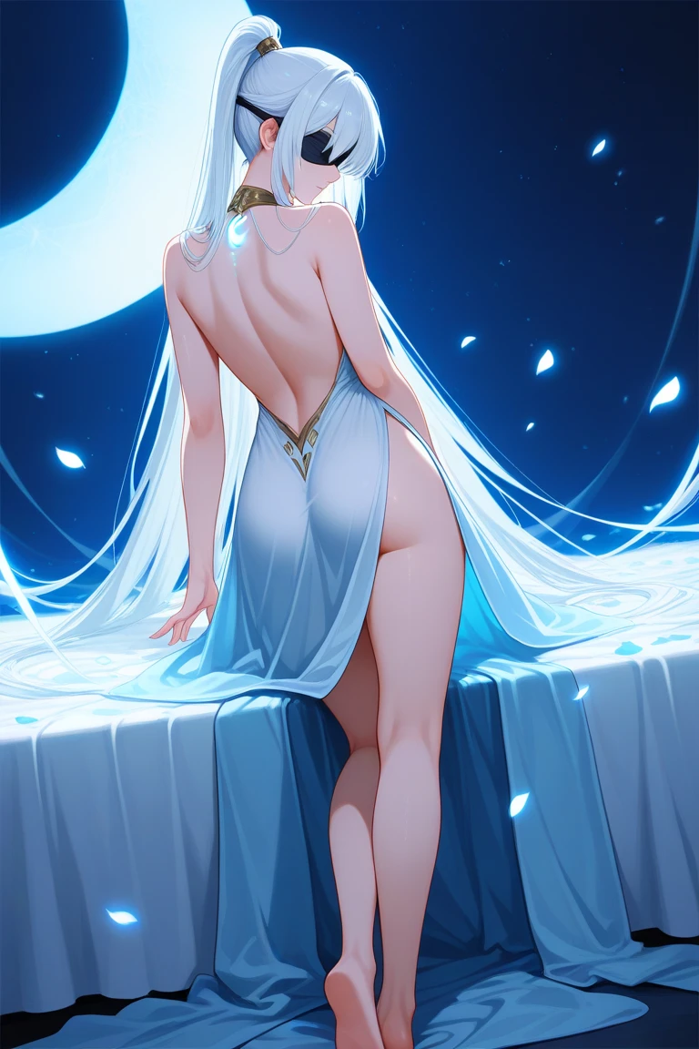 masterpiece, Surreal, Very high image quality, Extremely sharp detail. Description of 1 transparent crystal ball, Inside the crystal ball contains 1 beautiful naked girl, She has white hair, sexy body, big breasts, big ass, posing inside the crystal ball, The crystal ball was placed on the display table, where there is a lack of light and the light focuses on the crystal ball