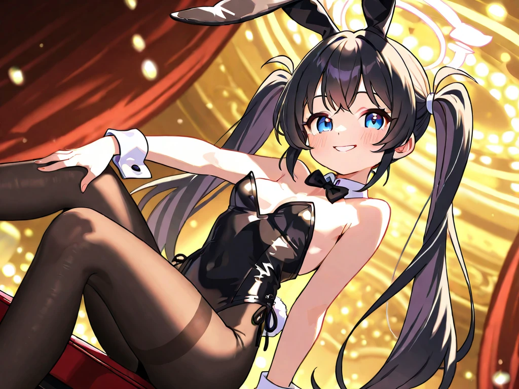 (Highest quality:1.2, Attention to detail, masterpiece:1.2, Best aesthetics), (1 girl), Cowboy Shot, ((Playboy Bunny, Fishnet tights:1.2, Bunny ears, ハイレグ leotard, 黒leotard:1.1, leotard)), (Black Hair, Long Hair, Asymmetrical bangs, Dark brown eyes), 美しいAttention to detail目, Beautiful lip detail, Highly detailed face, Detailed Fashion, elegant, luxury, High quality fabric, Shine, Shine, smile, Random Pause, Dutch Angle, bar, Nightclub, night, Dramatic lighting, Cinematic, Bright colors, Intricate details, Chiaroscuro lighting.