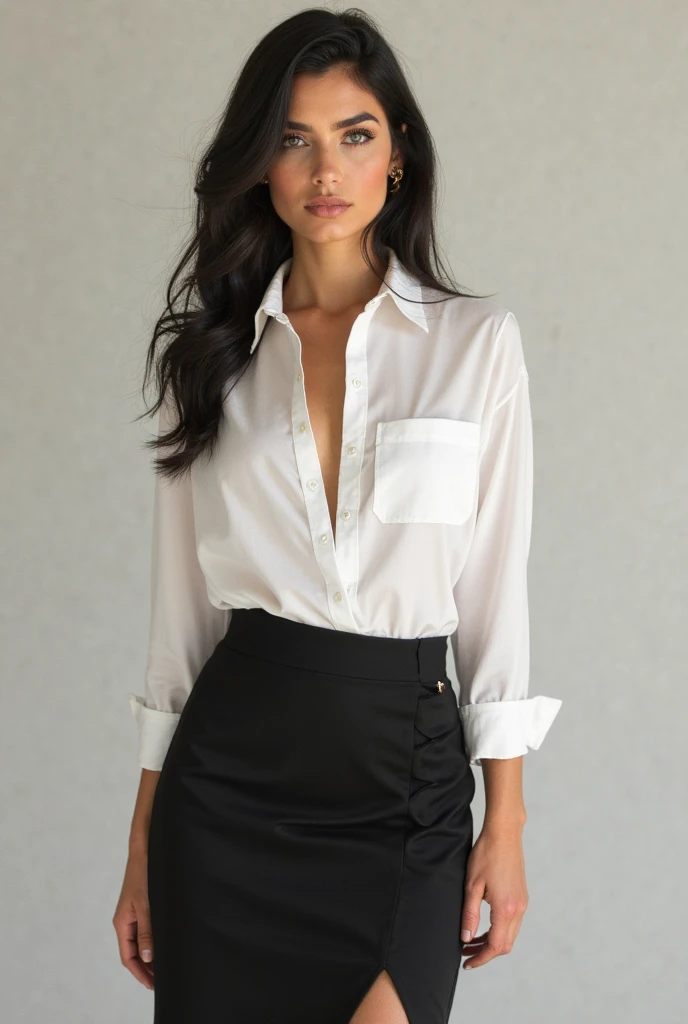 11yo petite in a room, Latin, white shirt and skirt