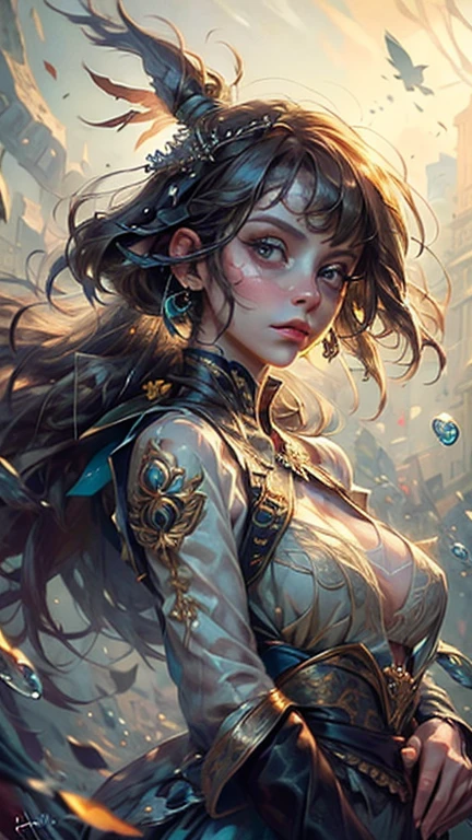 "((Enchanting tribal girl)) with ((elaborate)) headdress, navigating a surreal fantasy realm amidst scattered ruins, dynamic storm clouds, mystical glow, golden hour lighting, ethereal beauty, otherworldly landscape."