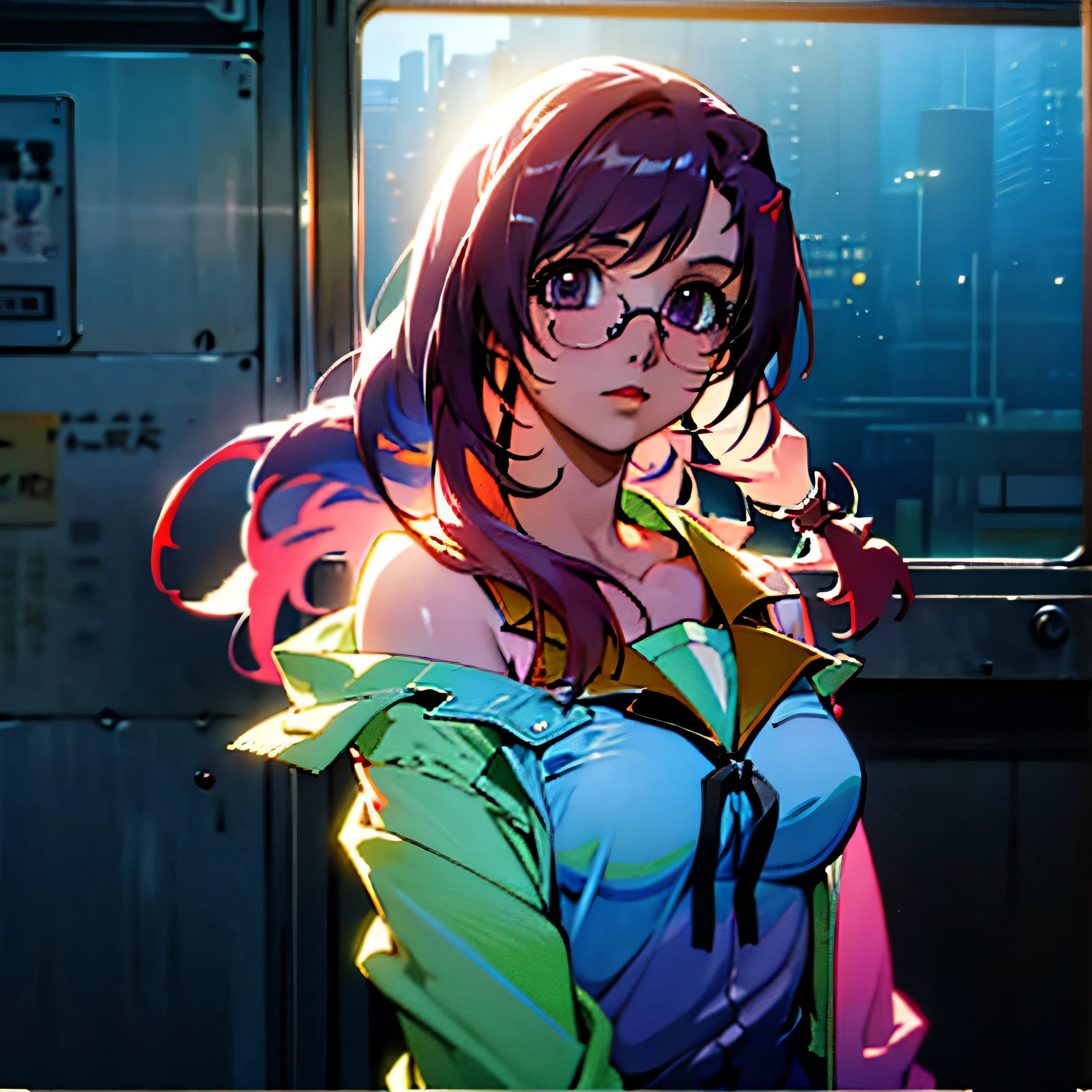 In the gritty New York City subway. 2women. Hanekawa Tsubasa and Kazami Mizuho. realistic, 8K, professional, highly detailed, masterpiece, photorealistic background, HDR, studio lighting, physically-based rendering, ultra-fine painting, hyperrealistic backgroubd, Hanekawa Tsubasa, Kazami Mizuho, mature, rendered in anime style, surprised expression, detailed facial features, deep midrange shot, standing posture, realistic skin texture, realistic clothing folds, realistic lighting, realistic background, subway environment, mechanical setting, warm color palette, dramatic lighting,