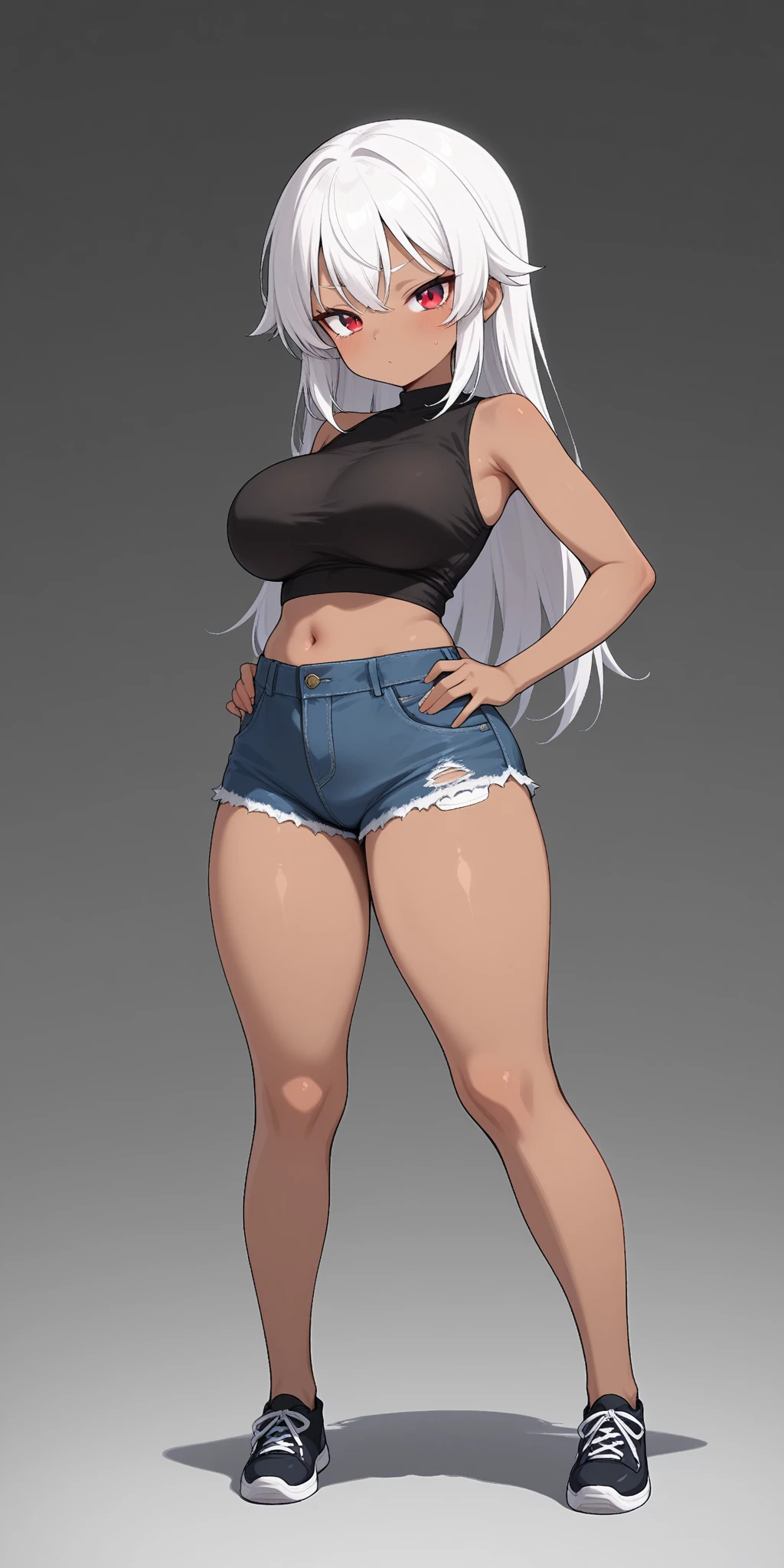 Yamato, tall open-toe clear platform heelless high heels, extra large breasts, white crop-top, short shorts, cleavage, black lipstick, black eyeliner, black nails, dirt road, countryside, angry, crying, spiked collar, spiked wrist bracelets, leash on collar, spiked ankle bracelets, standing, ripped clothes, blushing, extra cum on face, large thighs, thick butt