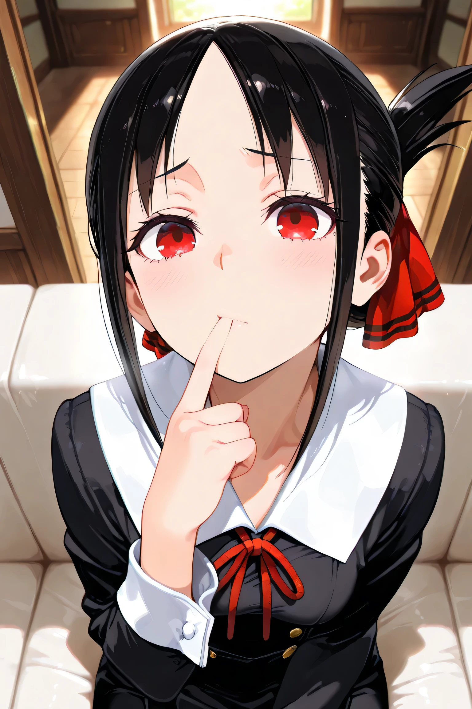 Masterpiece, Top Quality, Amazing Quality, Shinomiya Kaguya, Short Hair, Bangs, Black Hair, Red Eyes, Hair Ribbon, Side Locks, Folded Ponytail, Parted Bangs, Mature Woman, Small Breasts, Anime Screenshot, Long Sleeves, Dress, Ribbon, Uniform, Collarbone, Black Dress, Sailor Collar, White Sailor Collar, Red Ribbon, Neck Ribbon, Shuchiin Academy Uniform, Community, Headrest, Looking at the Viewer, Alone, Cowboy Shot, Sad Face, From Above, Focus on Face, Index Finger in Mouth
Masterpiece, Ultra HD, Cinematic Lighting, Photorealistic, Impressionist (1.5), High Resolution, Depth of Field, (Background Blur), (Dramatic Lighting), Masterpiece, Top Quality, Very Beautiful, 8K, Masterpiece, Top Quality, Realistic, Masterpiece, Top Quality, 8K, Sitting on the Sofa,