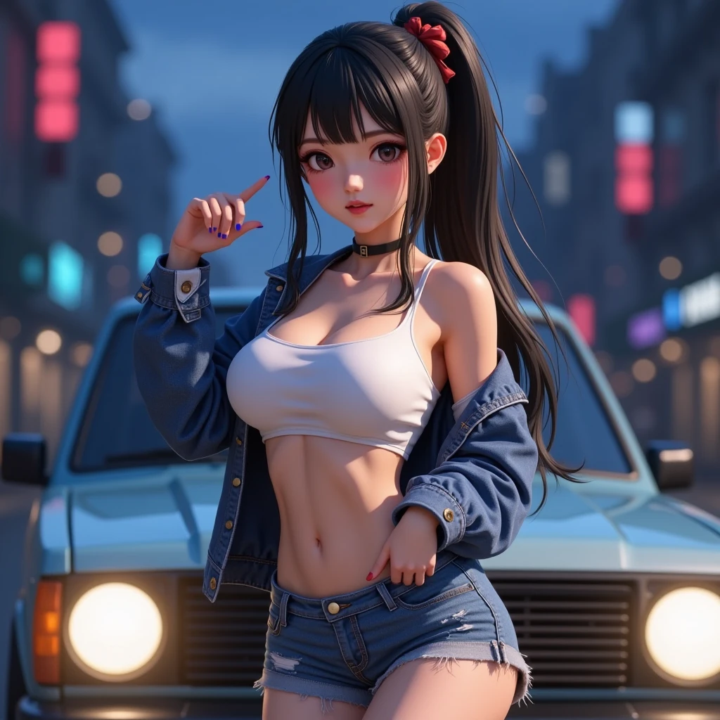 最high quality、best image quality、masterpiece、teenage girl((18-year-old、 by becoming、vest bust、medium bust,wide open breast tea、black eye, black hair、long hair、thin,highest valley、cute makeup、punk clothing、best smile、Red Face Paint、distressed jeans、distressed jacket、black sports bra、model pose、Crouching posture)),high quality、beautiful art、background((Large white room、white luxury convertible car)),pieces fly、Depth of written boundary、movie、visual art、perfect art、