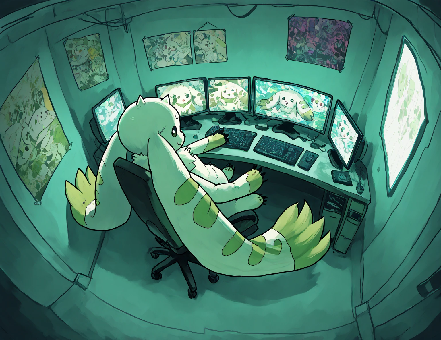 ((best quality)), ((highly detailed)), masterpiece, (detailed eyes, deep eyes), (1girl), full body, <lora:kirlia_v1:.8>, kirlia, pokemon, nintendo, green hair, red eyes, green skin, white dress, colored skin, (inside, at an office, office lady)
