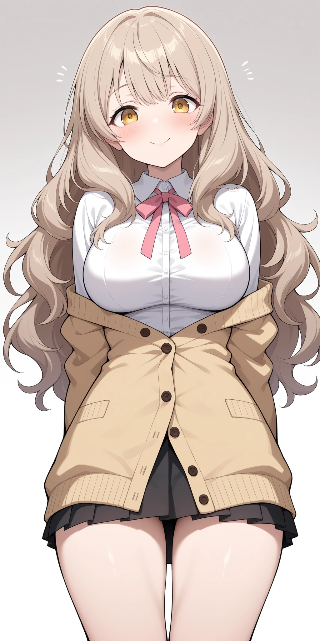 (solo) female anthro snow leopard, long fluffy hair, snow leopard, (big breasts:1.5), attractive, ((school uniform)) , fit body, snow leopard tail,, thicc, freckles, freckles on face, smug eyes, (happy expression), she is standing look to the viewer , violet background, simple background, thick thighs (front view)