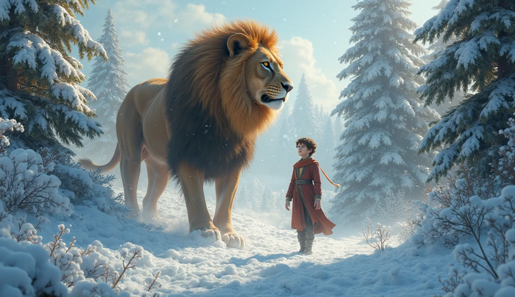 There is a lion walking in the forest with butterflies around, Rei da selva, Senhor da Selva, olhando majestoso na floresta, Aslan the Lion, Lion, lion in a meadow with hornbeam, Directed by: Kristian Kreković, Directed by: Adam Marczyński, Directed by: Sava Šumanović, foto de retrato, with the mane of a lion next to a very girl in white clothes, Beautiful littl talking to the big lion, Ansioso, luz crepuscular, atmosfera acolhedora, Atmosfera cultural, (masutepiece) (perfectly proportions) (fotos realistas) (melhor qualidade) (circunstanciado) (8k) (NFFSW) (papel de parede) (Cinematic lighting) (foco nítido) (Complicado)