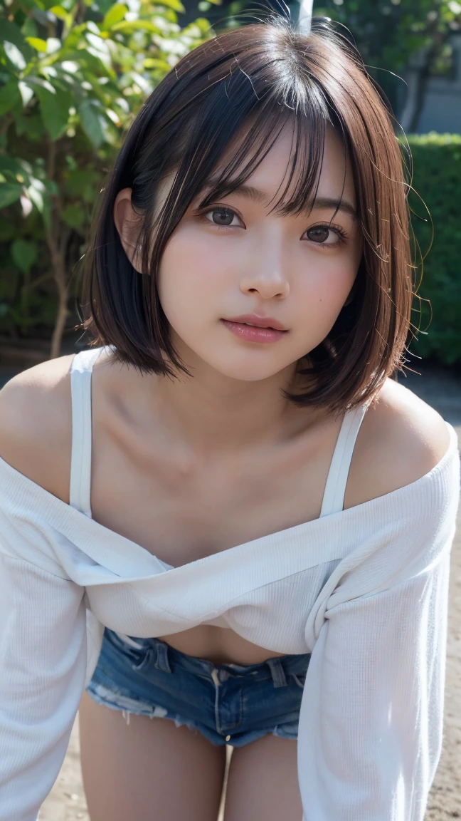 (8K、top-quality、​masterpiece:1.2)、(reallistic、Photorealsitic:1.2)（ultra-detailliert、hight resolution）(Slouched:1.3)、crouching down、(From  above:1.2)、(a closeup:1.4)Open your legs、（Sit with your knees upright:1.4）
Kiss Face,sad Facial expression,embarassed expression,Alafed Girl, chiho, iwakura lain, closeup Iwakura Lain, With short hair, Shiori Teshirogi, Kotegawa Yui, hime-cut, She is 17 years old, sui ishida with black hair, lain iwakura, girl cute-fine-face, Clear pubic contours,(Small breasts), hight resolution, ighly detailed, top-quality, [​masterpiece:1.6],, ighly detailed, nffsw, finely detail, top-quality, , Cinematographic lighting, 1girl in、17 age、Cute Japan Girls、perfect body type、, cute droopy eyes beautiful big eyes、Transcendent beauty　top-quality、​masterpiece、majicMIX Real、(Raw photography:1.2)、(Photorealsitic:1.4)、Negative Prompt