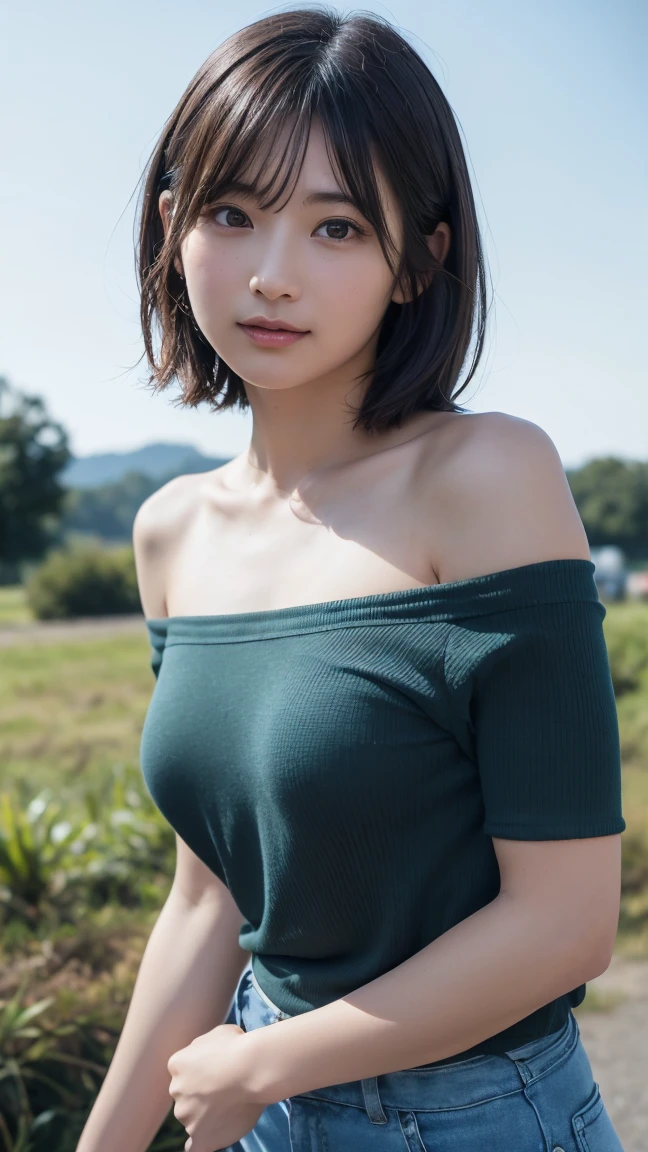 (highest quality,masterpiece:1.3,Ultra-high resolution),(Very detailed,Caustics,8k),(Realistic:1.4,RAW shooting),18-year-old,cute,Japanese,Black hair medium hair,(one piece),(smile),Looking at the camera,blue sky,sun,Backlight,(Top of the Hill),(Tall green grassland:1.1),(Standing in the grassland),(Ground level shot:1.1),(Waist up shot),(Face Focus),(Face close-up),(Low position:1.2),(Low Angle:1.2),Natural light、Huge Breasts、Wide open chest、Cleavage、Saggy breasts、Voluptuous thighs、Head to knee photo