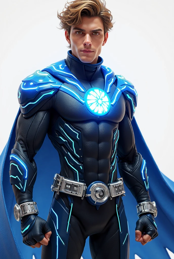 I want you to create a male character with metal control powers, modeled on Marvel&#39;s Magneto. He has black hair and black eyes with a blue superhero costume. 
