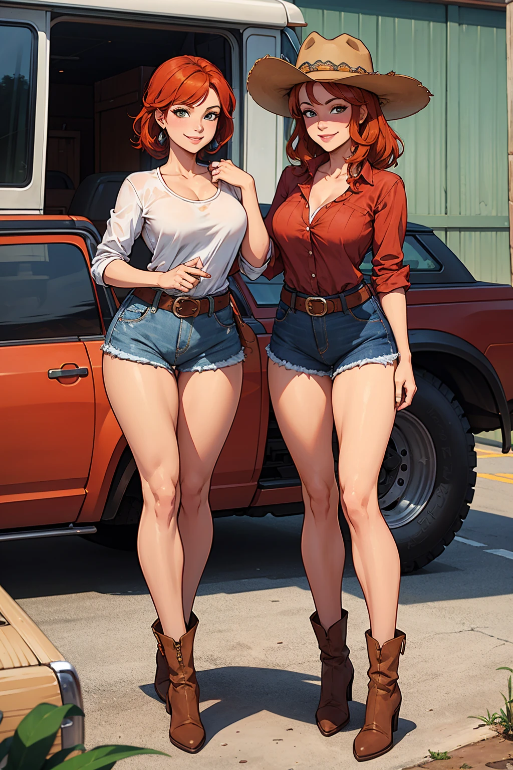 Woman, 20 years, muscles, freckles, long hair, large thighs, ass, small breasts, red hair, ass, braid, short shorts, plaid blouse, sissy, femboy, (background : farm) , wet