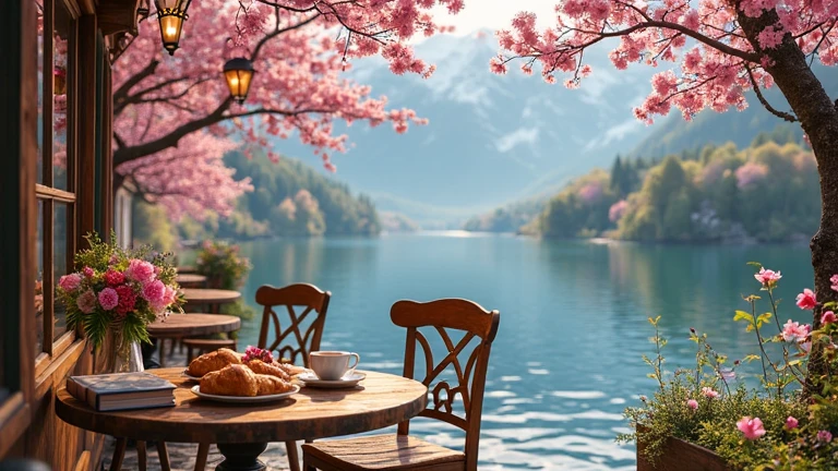 A cozy spring morning jazz coffee shop by a serene lake, surrounded by ...