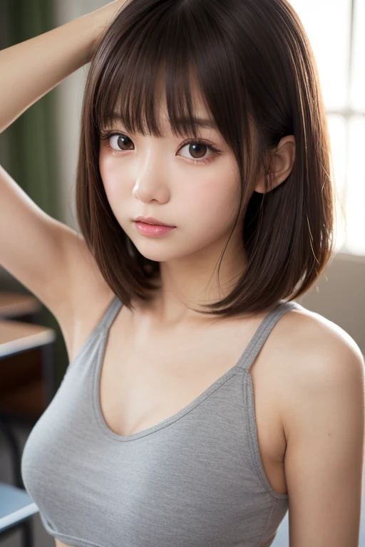 Cute staring at camera、summer clothes, highest quality, realistic, 8K, High resolution, full color, 1 girl, woman, woman, 13 years old, (closed mouth:1.73), beautiful lips,School, classroom,with white skin,translucent, view viewer:1.8, (1 girlの目は視聴者を見ています:1.55), (medium hair, Brown haired, parted hair:1.45),