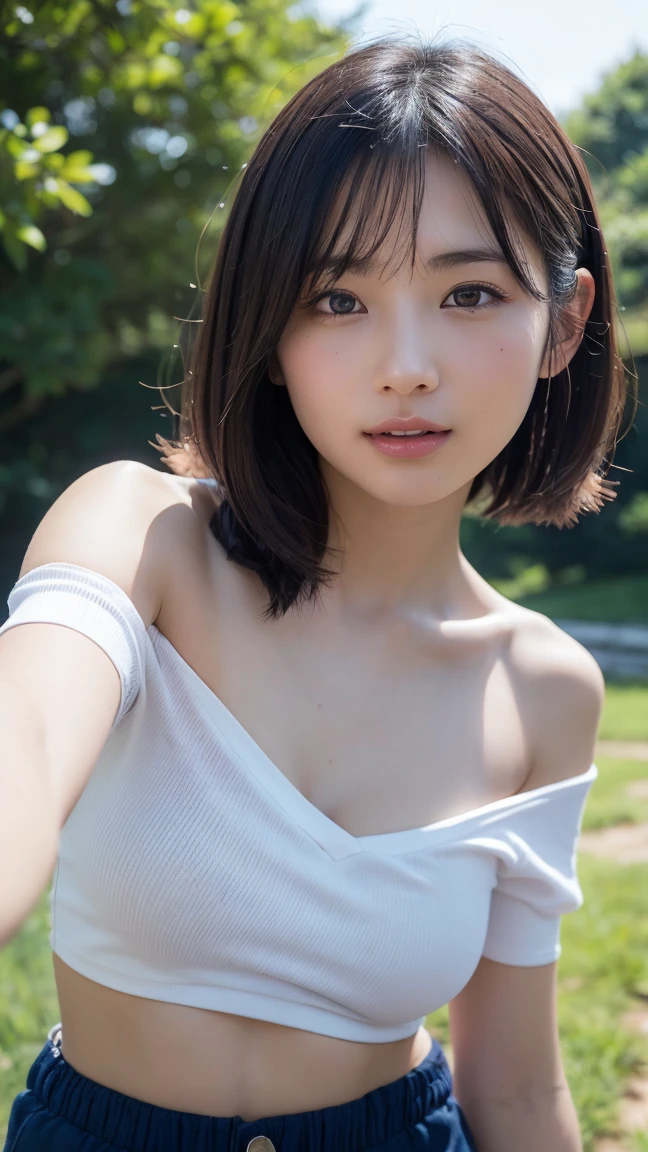 masterpiece, Best Quality, 8K, Raw photo, Professional Photography, Portrait, Soft light, Professional Lighting, Smile, ((((Posing completely naked)))),(((short cut bob beaty girl)))