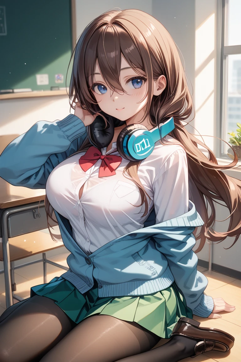 (Highest quality, 4K, 8k, High resolution, masterpiece:1.2), Very detailed, Picturesque, Animated Photography, Photo Animation:1.37)、Japanese schoolgirl、(Brown Hair)、(Medium Long Hair)、uniform、White shirt、Yellow-green checkered skirt、Navy blue jacket、Black choker、Blue headphones around the neck、classroom、Nakano Miku
