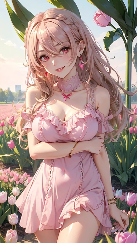 (Masterpiece, BestQuality:1.3), (ultra detailed:1.2), (hyperrealistic:1.3), (RAW photo:1.2), High detail RAW color photo, professional photograph, (Photorealistic:1.4), (realistic:1.4), (Pink Hair:1.5), professional lighting, perfect anatomy, (Big Breasts:1.2), (blush, detailed face), (cheerful Smile:1.5), Trending Hair&Trending Hairカラーをランダムに, earrings, necklace, bracelet, sexly, erotic sexly, Random sexy gravure poses, (Beautiful woman in a pink negligee、In the garden full of flowers、Soft look、Wavy hair blowing in the wind、Put one foot forward、The hem of her negligee is boldly pulled up。:1.3)