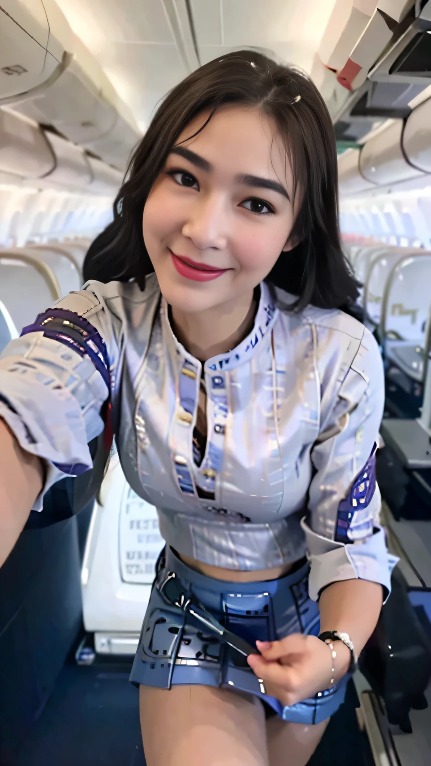 1beautiful womanl, 28years、hyperdetailed face、Detailed lips、A detailed eye、double eyelid、(Smiling while walking gracefully down the aisle)、(Stewardess uniform:1.2)、((mini skirt:1.5)) (Glamorous body)、(Colossal )、（large full breasts）（big butts）（Plump body）（plump body shape）（ large full breasts）（Colossal ）((J-Cup))、highs thighs thighs thighs, Perfect fit, Perfect image realism, Background with: (Business Class aisle on airplanes:1.2), Cowboy Shot, Meticulous background, detailed costume, Perfect litthing、Hyper-Realism、(Photorealsitic:1.4)、8K maximum resolution, (​masterpiece), ighly detailed, Professional