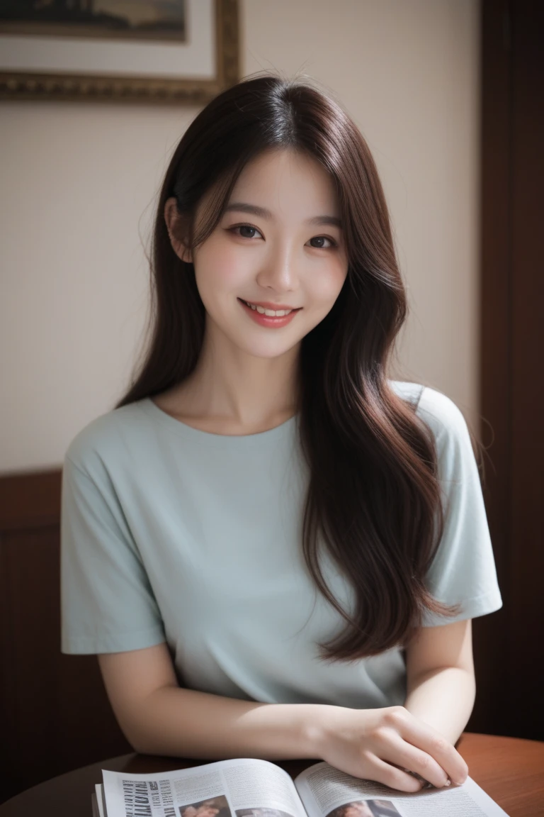 Tabletop, highest quality, shape, Very detailed, In detail, High resolution, 8k wallpaper, Perfect dynamic composition, Beautiful details, Neat and clean clothing,Medium Hair, Center of chest, Natural color lip, Random,smile,Tower apartment，kitchen