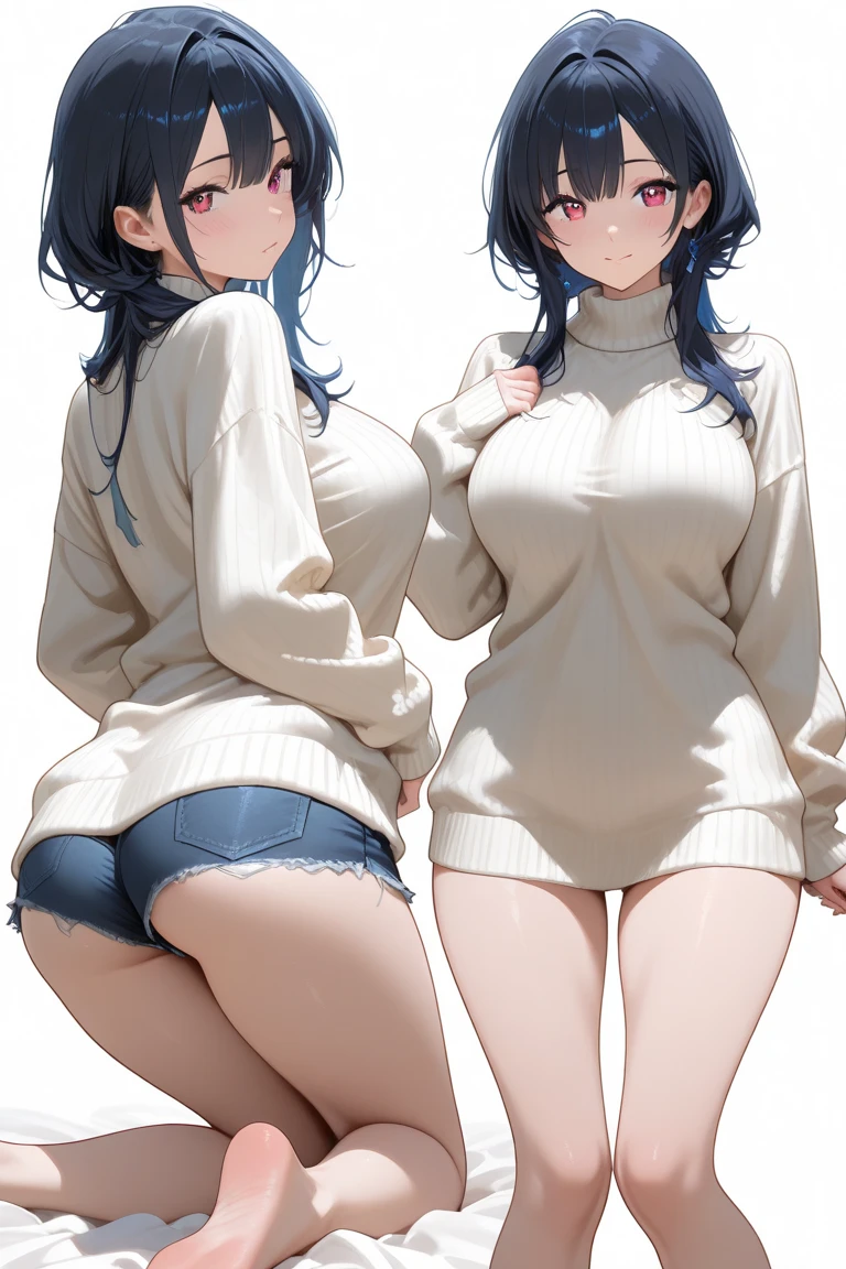 Super detailed.(((sweater,bare back,,bottomless,Blushing,))),bare breast,ありえないほどの大きさの breast and お尻,A little smile,showing whole face