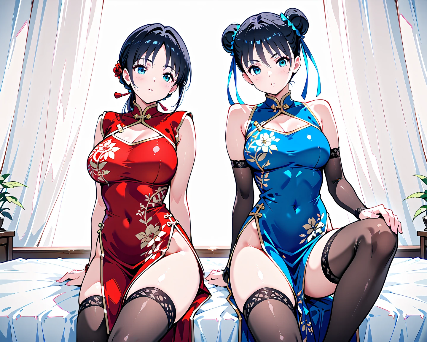 Multiple beauties touching each other, (Transparent shirt: 1.2), (Open shirt), Light clothes, Sleeveless, Two women posing for a photo on bed, Surreal full-body figure, Beautiful and detailed body and face, gorgeous figure, pony tails, Clear, Smile, Moaning, Tease, Surreal full body body, Beautiful and detailed body and face, Extra-long viewing angle, Fair skin, Bright colors, Asian, There is almost nothing in the clothes, Blurry, Chinese clothing underwear