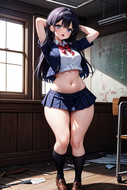 (((masterpiece, Highest quality, High resolution, 超High resolution, Perfect Pixel, Depth of written boundary, 4K, RTTX 10.0))), Beautiful Anime Woman, Beautiful art style, Anime characters, ((Smooth texture, Realistic texture, Anime CG Style)), Exact finger count、Exact number of legs、(Exact number of arms:1.0, Exact number of hands:1.0), (Perfect hands, Perfect Anatomy), Cinematic, Realistic, Extremely detailed CG, Daytime lighting, Perfect lighting, Best Shadow, The best natural light, whole body, Perfect body, バランのとれたPerfect body, Perfectly balanced style, Slender body, ((Long Hair, bangs, Reddish brown hair, Twin tail hairstyle)), ((A cute adult woman stands with her hands in her panties, fingering:1.8)), (pussy juice:1.5), ((Sailor suit tops, Sailor collar, White shirt:1.3), (Sexy and cute white panties 1.3), (Stylish shiny white satin panties, Side-tie panties, Panties with plain white center and lace decoration on the sides:1.3), (Thin panties with red ribbon:1.3), shirt lift, (White micro lace bra, White bra with lace trim, Thin bra with red ribbon:1.3), (Knee socks:1.3):1.3), (Beautiful big boobs:1.1), (Embarrassed expression:1.4), blush, (sexual pleasure expression:1.5), (Facial expressions holding back pee:1.4), (Look up:1.4), (Half-close your eyes:1.1), (School classroom, Desk and chair in the background:1.3), Angle from the front
