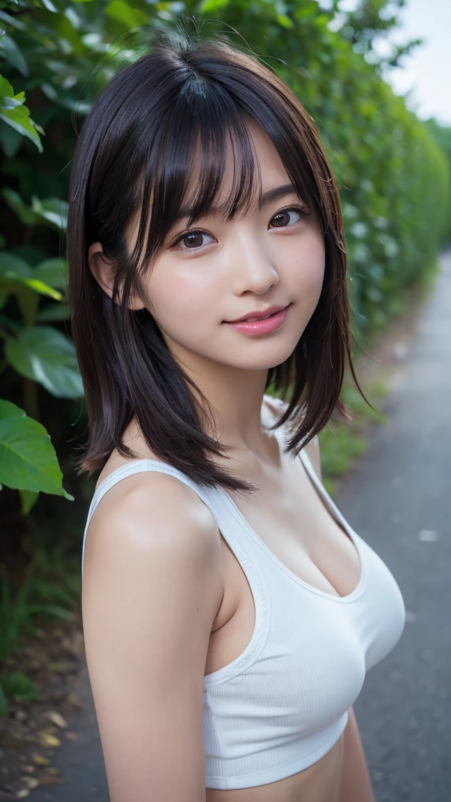 One beautiful girl, Baby Face, (Japanese beautiful girl, Delicate:1.3), (18-year-old:1.3),
break, (Lush countryside background:1.2),
break, Shy laugh, Very beautiful eyes, (Symmetrical eyes:1.3),
break, (E cup breasts:1.3), Cropped Logo T-shirt:1.3, hot pants:1.3, Beautiful legs, Brown eyes, Parted bangs, Brown bob cut hair, Round face, cute,
break, (Eye and facial details:1.0),
break, (masterpiece, Highest quality, Very detailed, Detailed face, 8k)
