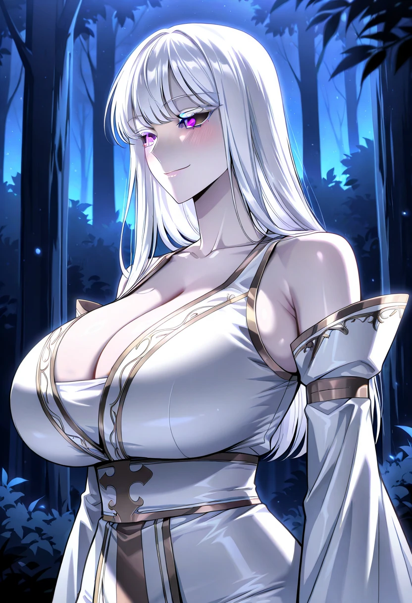 masterpiece, best quality, absurdres, cinematic lighting, toned, shiny skin, long hair, white hair, yellow eyes, detailed pupils, woman, white armor, skin tight, fur trim, evil smile, shiny black pantyhose, close-up, cowboy shot, moonlight, forest, fog, bokeh,