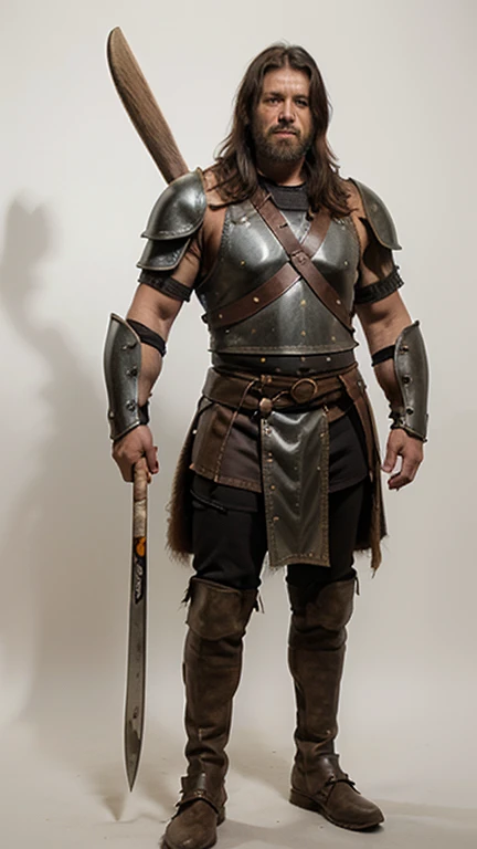 Raw, cinematic shot, (sharp focus:1.5), (photorealistic:1.2), medium portrait sexy daddy huge pecs of (a weary-looking but still proud and fierce-looking บาบาเลี่ยน warrior,Spartan Armor, dressed in elaborately detailed chain mail and leather armour, a few torches burn on the walls
