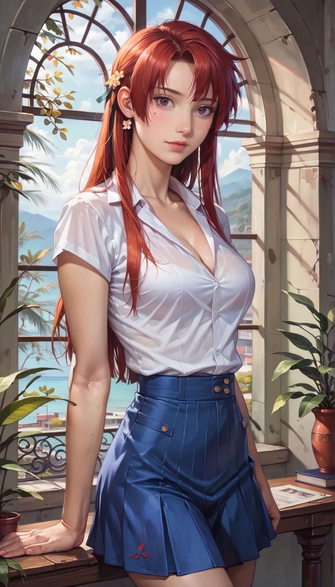 ((masterpiece, highest quality, Highest image quality, High resolution, photorealistic, Raw photo, 8K)), ((Extremely detailed CG unified 8k wallpaper)), (Sakura Kasugano, very hot and sexy, jaw-dropping beauty, perfect proportions, beautiful body, slim body beauty:1.4), busy school background, she wears a short blue skirt with a white Japanese school uniform blouse, beautiful face, sunny day with amazing sun rays, focused look