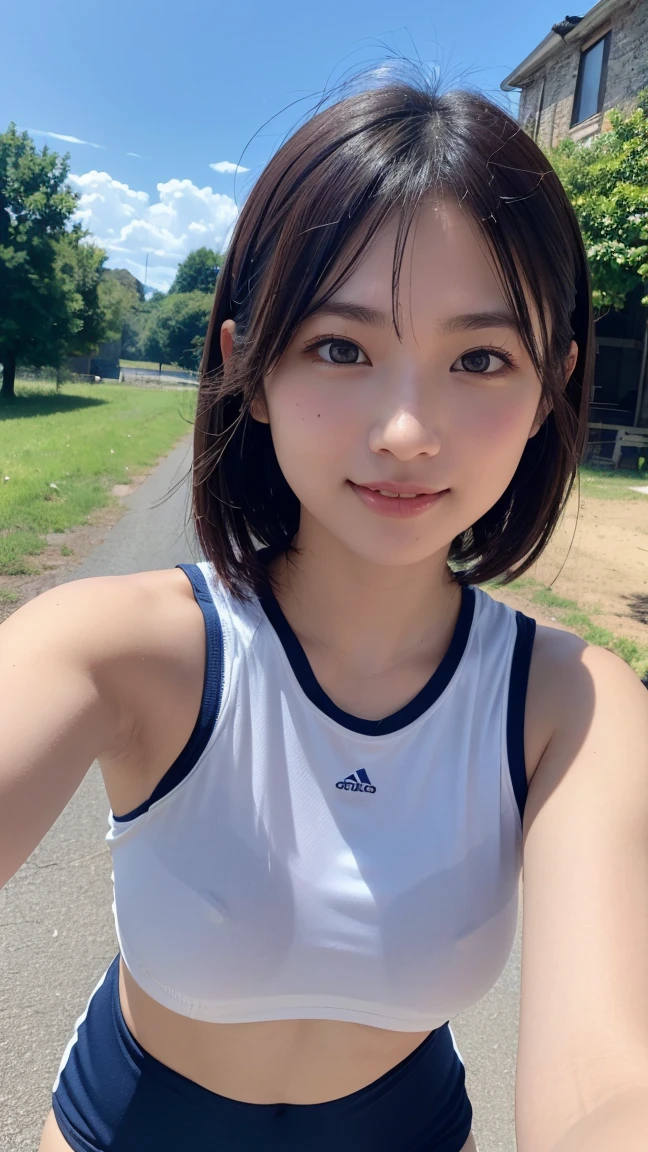 (Two 8-year-old Japanese elementary school girls), 110 cm tall and super enormous-breasted, (super enormous breasts), are walking to school wearing Baby blue micro, Baby blue micro mini tank tops, (navel-baring), and carrying randsel,