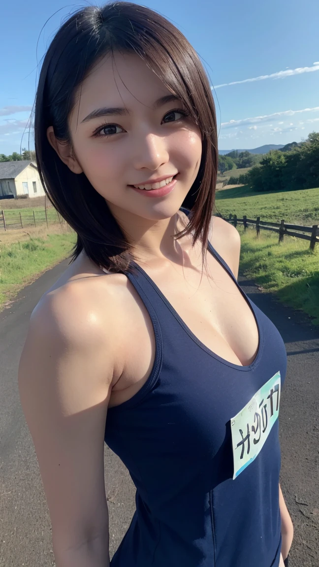 Highest quality、8k、masterpiece、Ultra-high resolution、Clear photos、Professional Lighting、Natural light、Realistic, Highly detailed skin, Perfect Anatomy、One Woman、Idle class、Baby Face:1.6、Large Breasts、(Large areola)、Large erect nipples:1.6、Glamour、Bob Hair:1.8、Black Hair:1.8、Beautiful Hair、smile、(Blue sports bra:1.1)、The sports bra is see-through、(Perfect Pantyhose:1.2)、(The pantyhose are see-through)、On the hiking trail、((Standing pose))