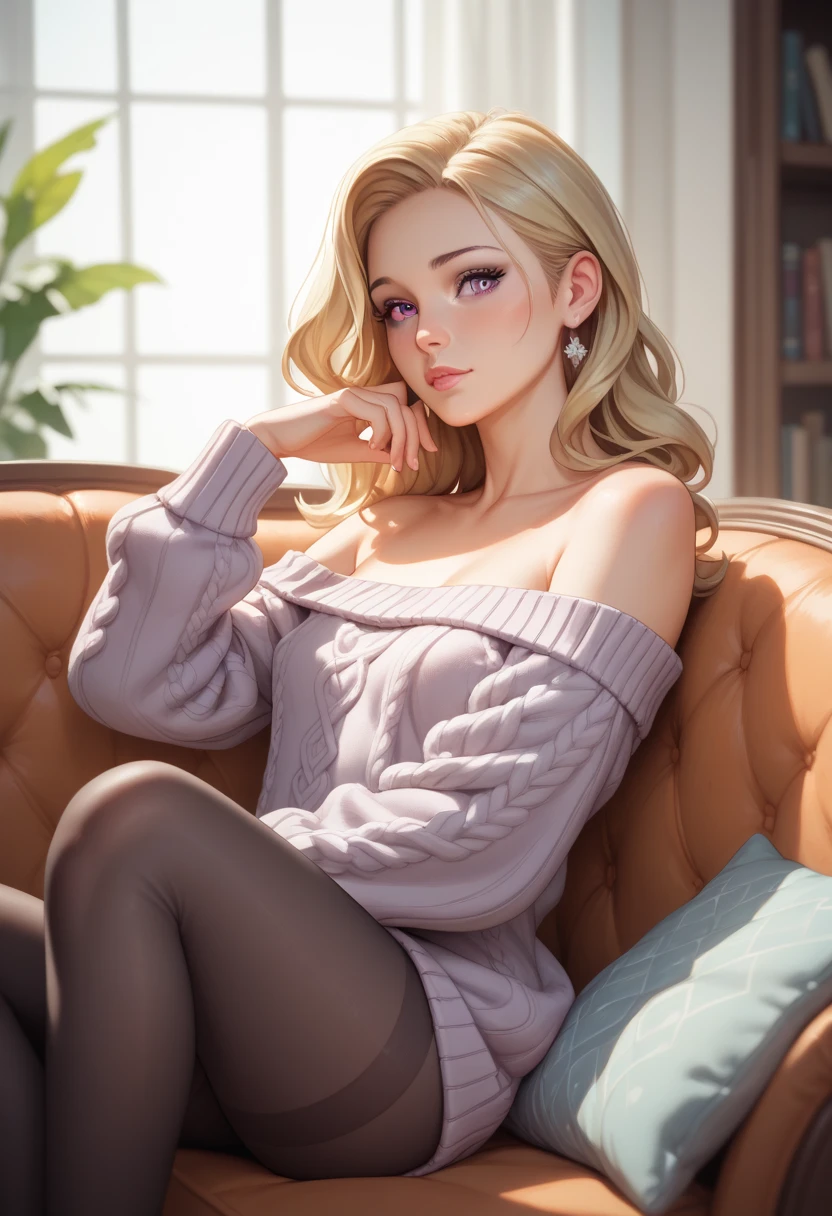 Uma garota com olhos castanhos e um corpo rechonchudo , cabelos curtos, in a sweater dress and socks