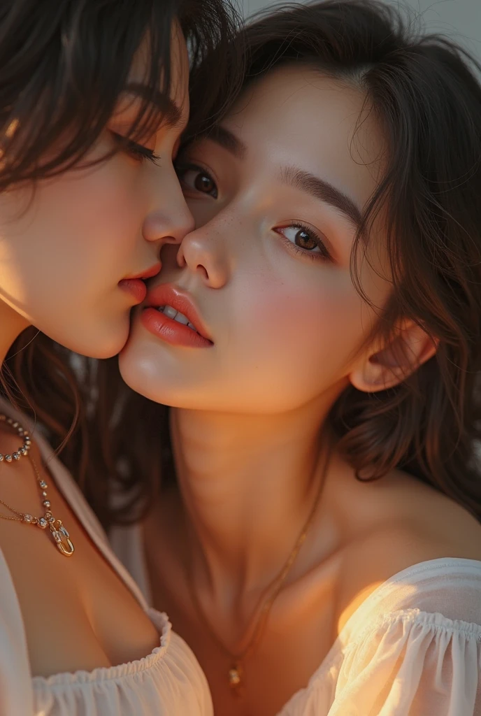 Sexy woman being kissed on the neck by a young boy
