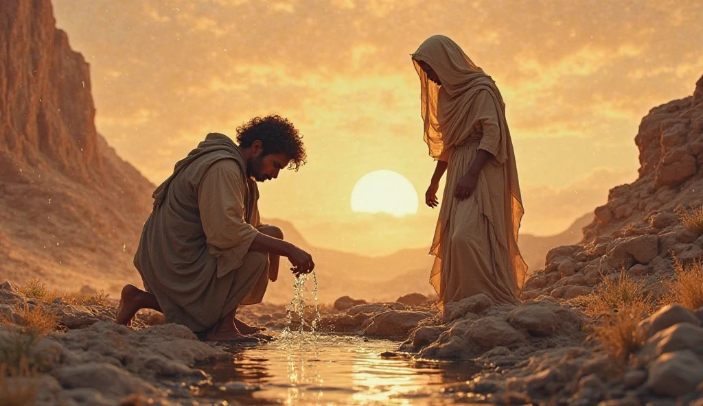 create an image of a 40 year old man, dressed in a tunic, on his knees in the desert, arms open, head bowed and at his side a man standing dressed in white linen, with a wide golden belt, similar to Jesus, his face shines like the midday sun, his feet look like bronze, his hair is white like wool, he is pouring oil with his hands on the head of the kneeling man, prophet's anointing oil, the sun shining on the horizon, and a small river run to the bottom