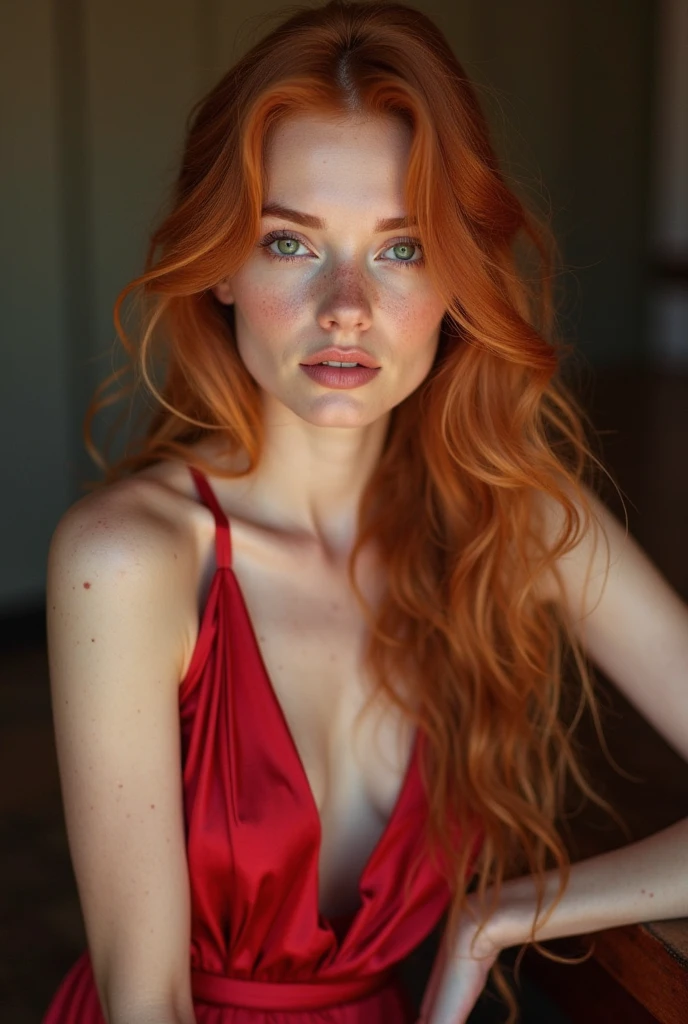 25 year old woman with copper hair, White skin, green eyes, Full frame, stands in front of a full-length mirror, in a translucent red goddess robe, full length, beautiful detailed eyes, beautiful detailed lips, extremely detailed eyes and face, long eyelashes, high quality, 8 thousand., hyperrealistic, photorealistic, physically based rendering, bright colors, studio lighting, complex parts