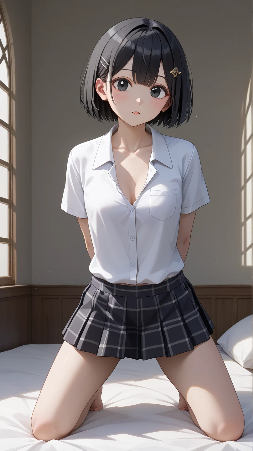 ((one beautiful girl kissing a man)),(large udder),(((Top image quality))),(((detail portrayal))),(((Rational portrayal))),(((Best Quality))),(((Indigo hair))),(((Straight hair))),(Short hair - bob cut hair),(((a small face))),(((Pin the bangs to the side))),(((put out one's forehead))),(((asymmetrical bangs))),(((Indigo eyes))),(​masterpiece)), (((drooing eyes))),((top-quality)),((Vivid light and shadow depiction)),(((cute little))),(((Beautiful body lines))), (Detailed body line depiction), ((detailed face depiction)),((ighly detailed)),  (8K), top-quality, (Beautiful fece),(((World-class quality))), ighly detailed, hight resolution,(((Anime filling))),(((de pele branca))),(((Summer School Uniforms))),(((Open the front of the clothes to show your chest))),(((Grey pleated skirt))),(((Pull up your skirt))).(((Pink floral panties))),(((Detailed panty depiction))),(((Composition seen from the front))),(((Composition looking up from below))),(((red blush))),(((Embarrassed and frightened face))),(((Black Knee High Socks))),(((Luxury hotel rooms))),(((Squat down on the bed leaning against the window)))、(((Window with night view))),(((Condoms are scattered on the bed)))),(((Open your legs to show your crotch))),(((full of sweat))),(((Show your legs))),(((look at side))),(((pubick hair))),