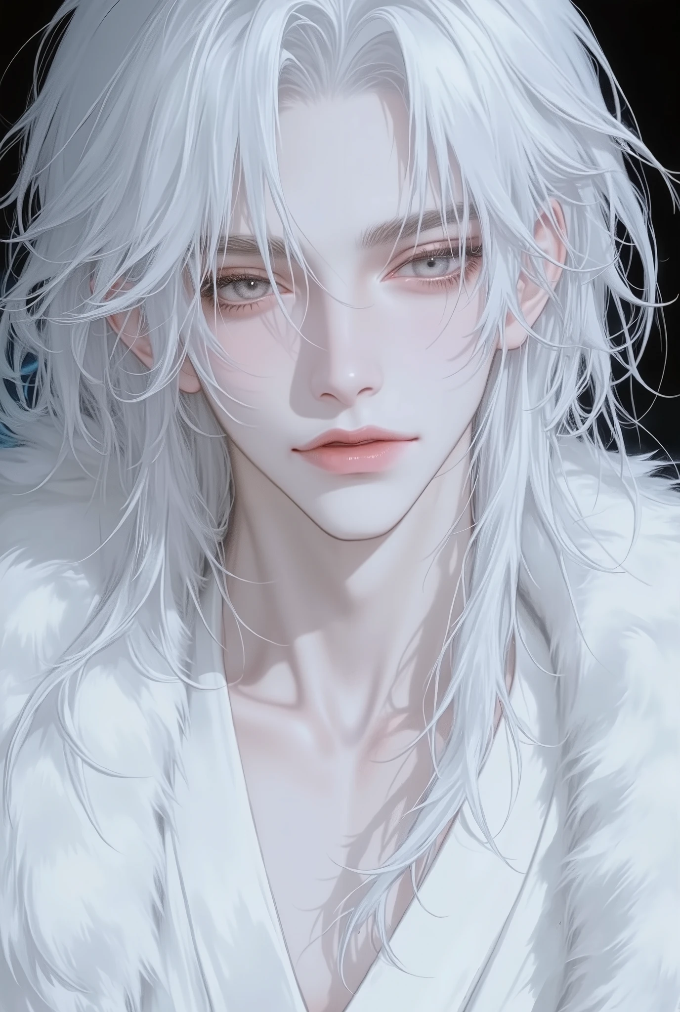 ((oriental)), ((japanese)), upper body, 1 adult male with vibrant white hair, radiant skin adorned with glossy full lips. has very long anf messy white hair, parted long bangs, he wears white male kimomo layer by layer, adding a touch of beautiful elegance. The expression is dreamy and radiant, eyes gazing upward, reflecting a story of desire yet to be told. The background is a soft hazy florescent bioluminescent gray blue over black, complementing her lively yet serene visage. (((white background))), Style: hyper-detailed, soft pastel aesthetic with a touch of sparkle. uhd, dslr, high quality, film grain, intricate detail, hdr, subsurface scattering, specular light, high resolution, bioluminescent lighting sfx, redshift, dust, ambient back lighting, bright, hd textures, Cinematic lighting, ultra high Contrasting, Cinematic, volumetric, atmospheric lighting, dynamic Cinematic movie poster, 900mm, Cinematic angle, hyper detailed, hard shadows, Intricate level of detail, hd, detailed texture, ray tracing, hard shadows, trending on art station + uhd + 3d + octane render + unreal engine, 42k