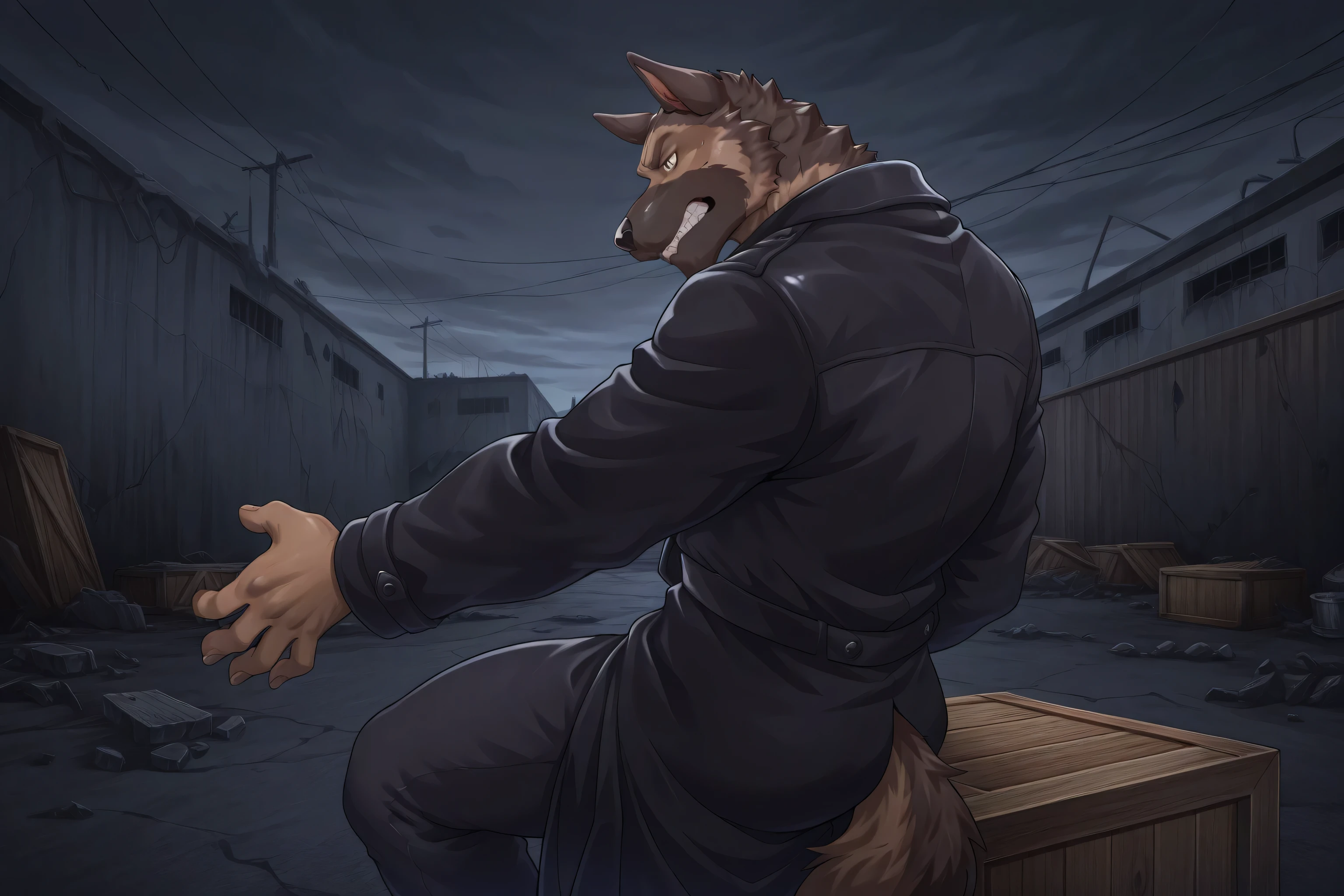 German Shepherd, black long coat, black pants, stare, sit on wooden crate, abandoned seaside warehouse, dark cloudy sky, rusty metal containers, broken dock, scattered crates, neo-noir style, indoor, cowboy shot, contemptuous expression, dynamic pose, from side