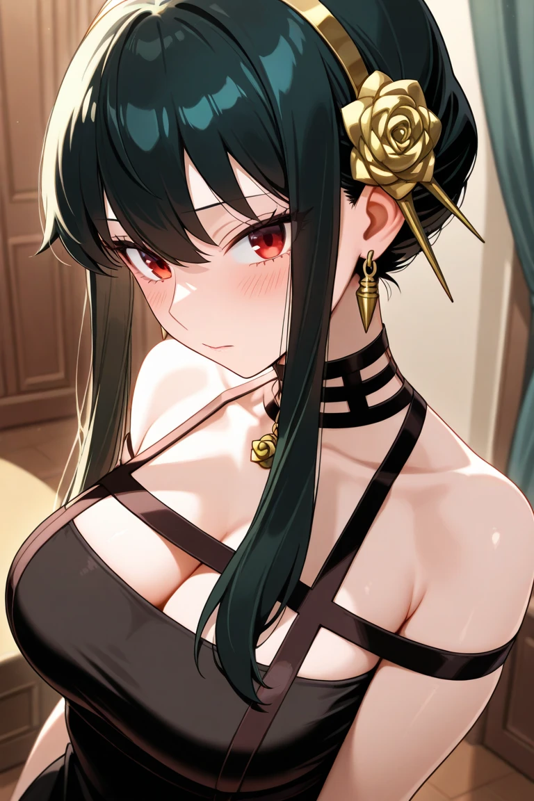 A sexy women age 30 wearing dark green bra , smoking a cigarette , has tattoos over her body , she has sleepy eyes and matured face , pearcing on ears , black choker on neck , gold chain , brown short hair , green sleepy eyes
