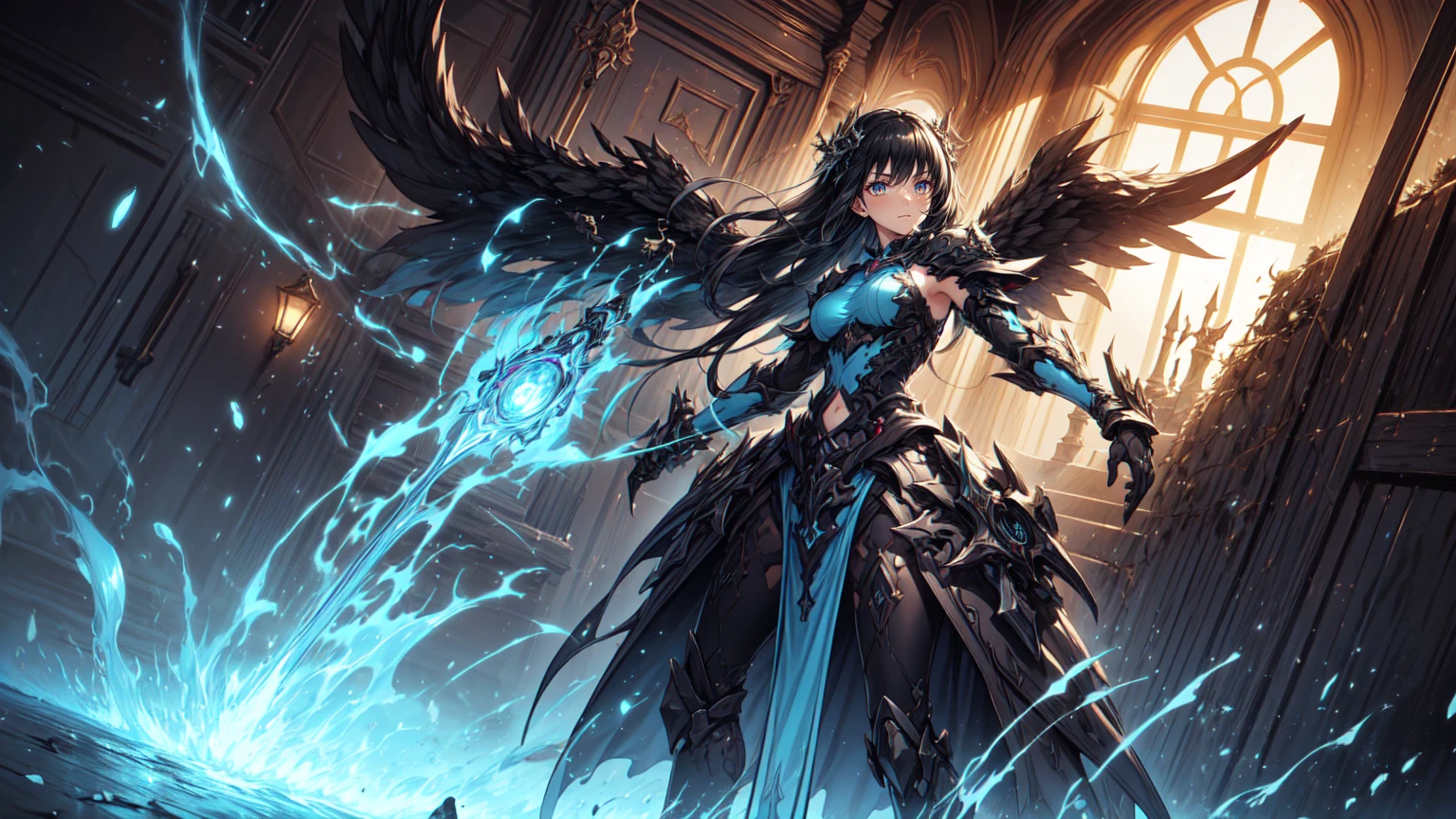 (extremely detailed), (perfect face), detailed visuals, stunning picture full of details, epic majestic scene, beyond advanced illumination, grand atmosphere, fantastic beautiful artwork, simultaneous contrast, black hair, (glowing cyan eyes), lightning, water, Valkyrie