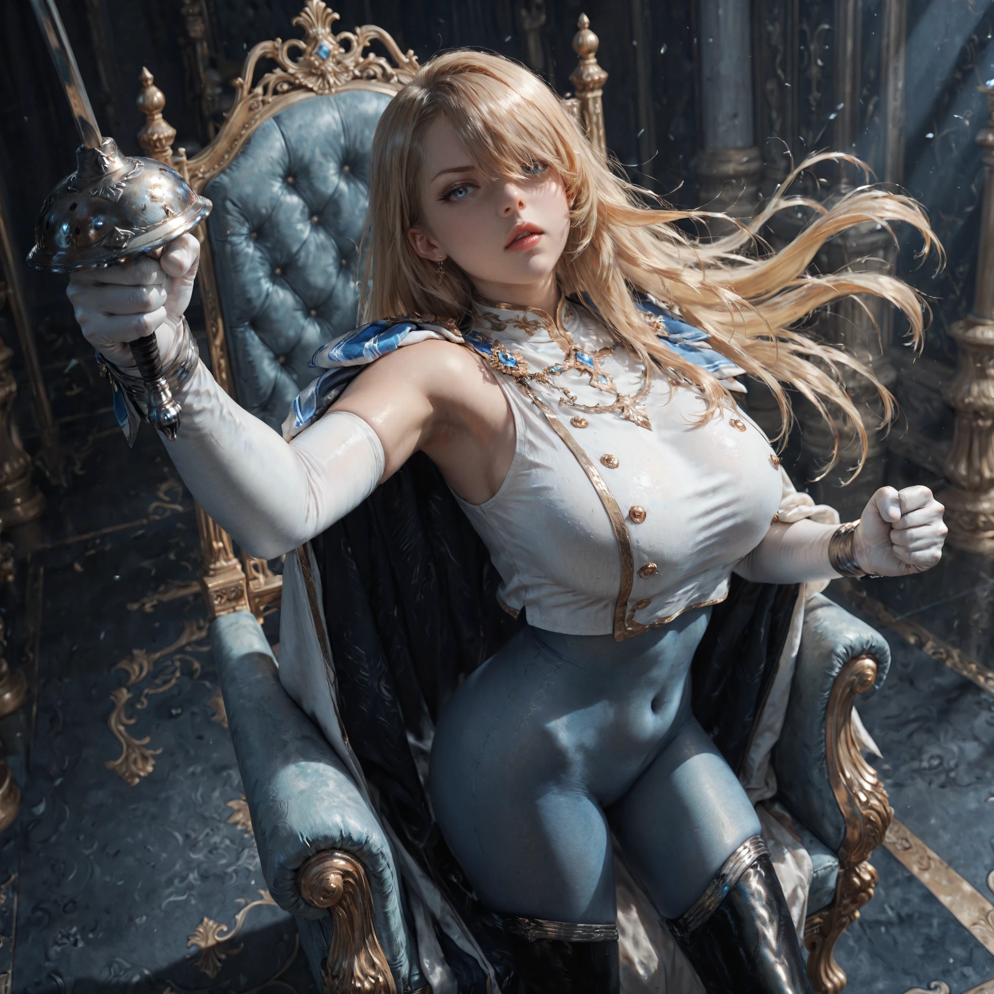 8K,Masterpiece,(female knight),whole body,Separate Steampunk Armor,Slender figure,Long Hair,Realistic, Sci-fi fantasy,female game character,Cleavage,(White panties),front,sit in a high-quality chair with a backrest,Open leg pose,