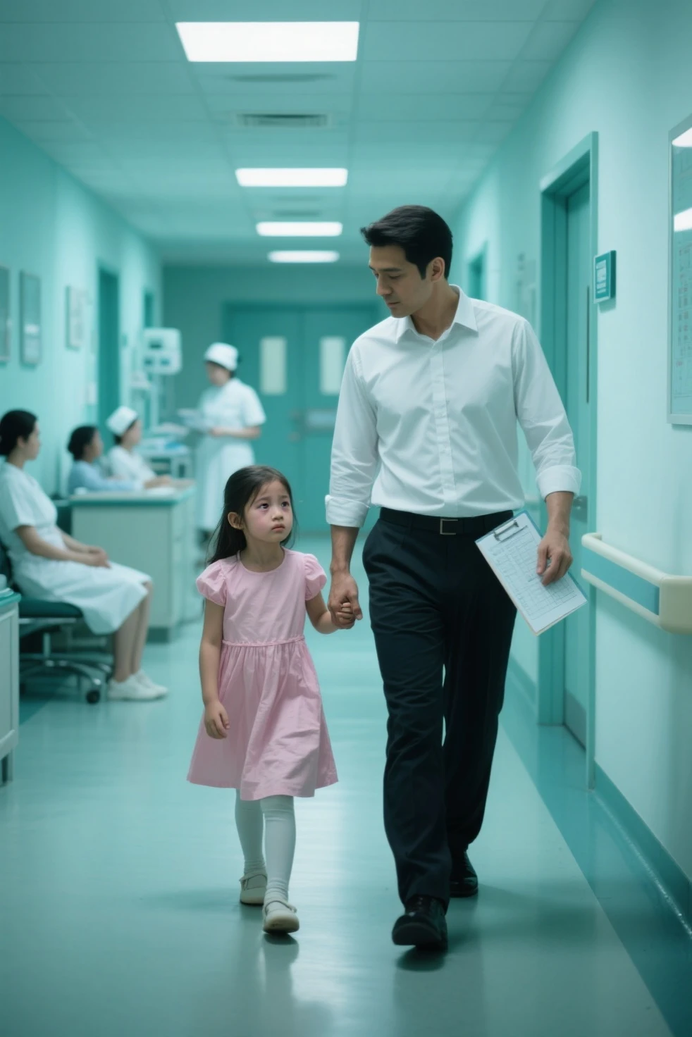 Gentle doctor and child interact and play in the consultation room,There are toys on the ground,The room was bright